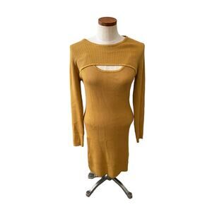 House of Harlow 1960 ribbed knit midi dress and cropped shrug Golden Mustard L